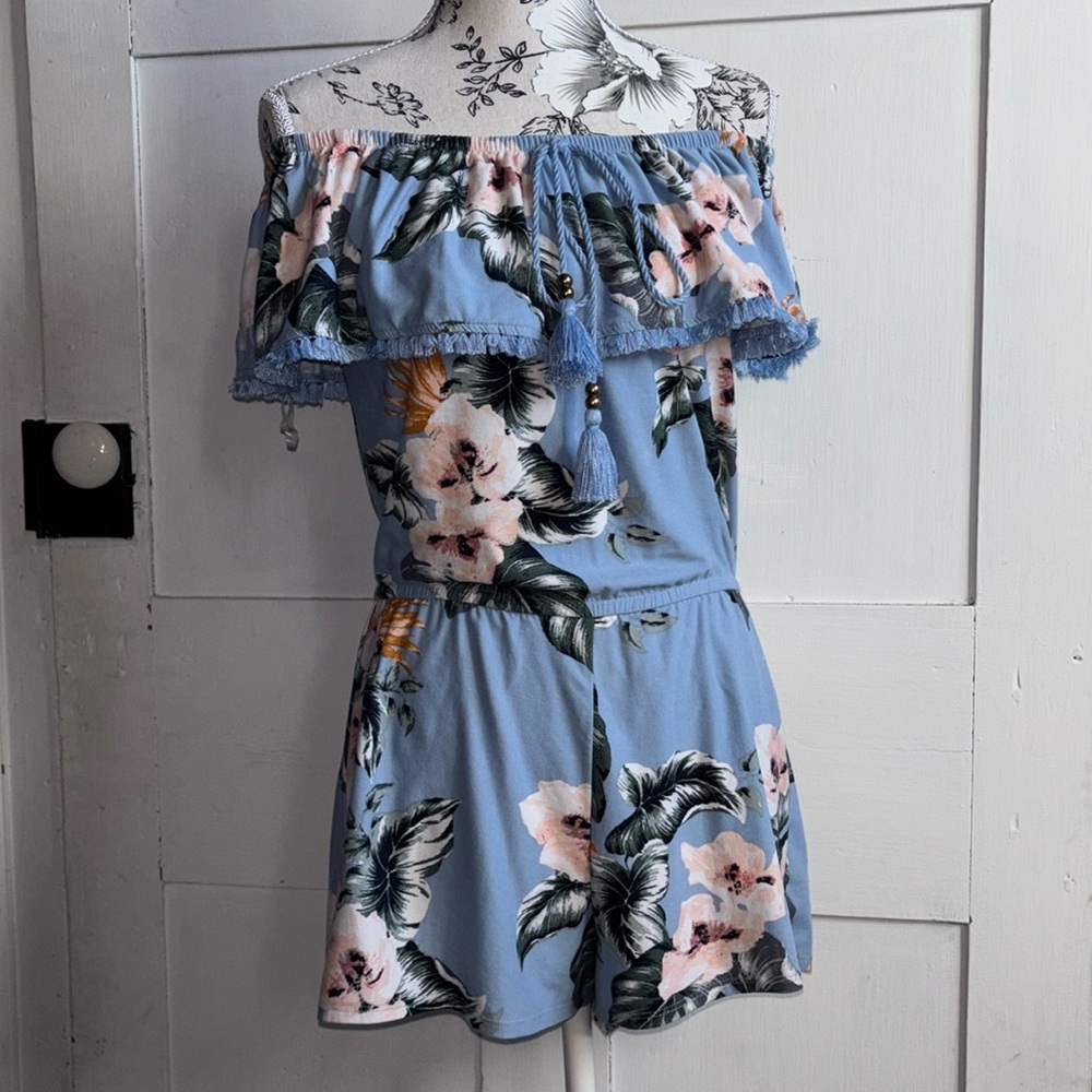 Derek Heart Blue Floral Off-Shoulder Romper